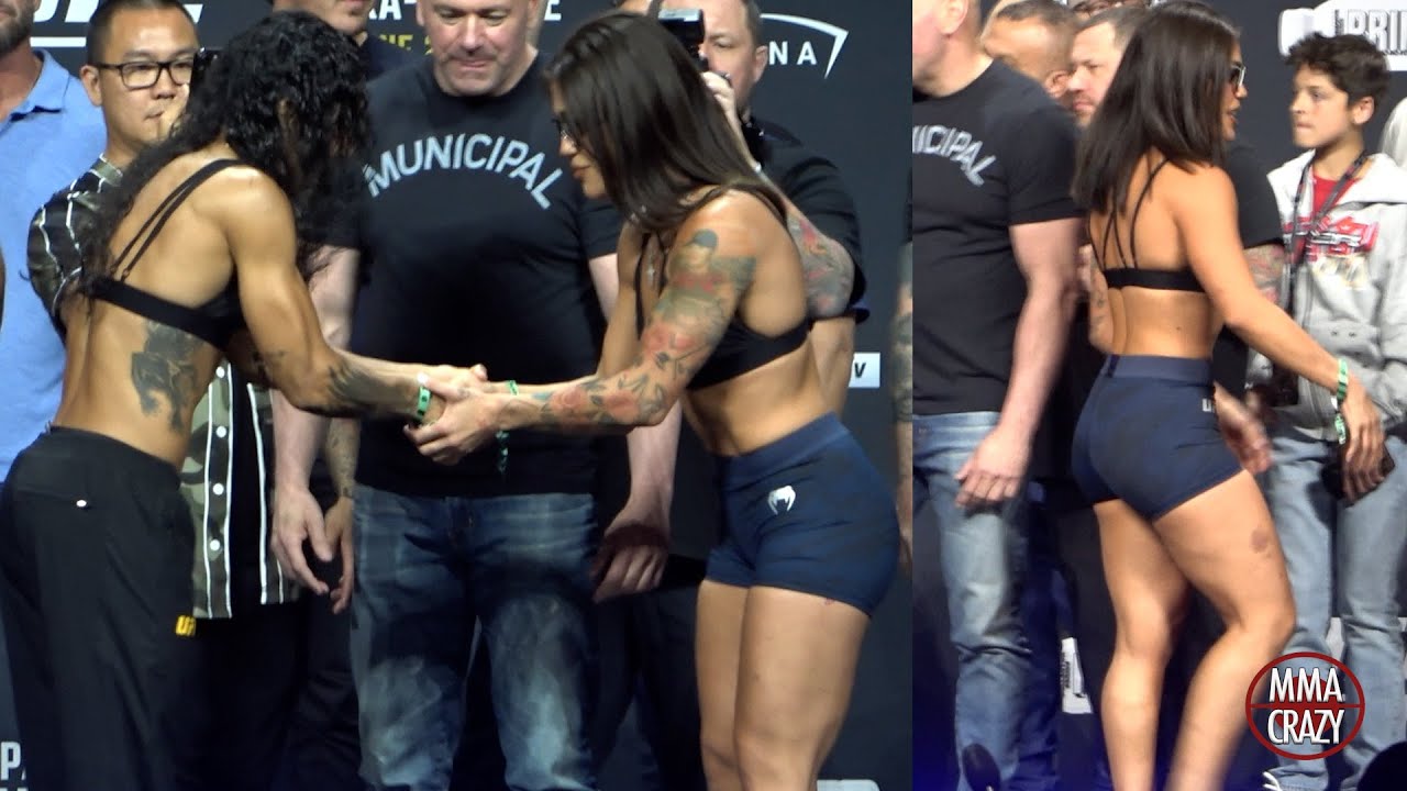 UFC 317: Vivane Araujo vs. Tracy Cortez Weigh in Face Off background