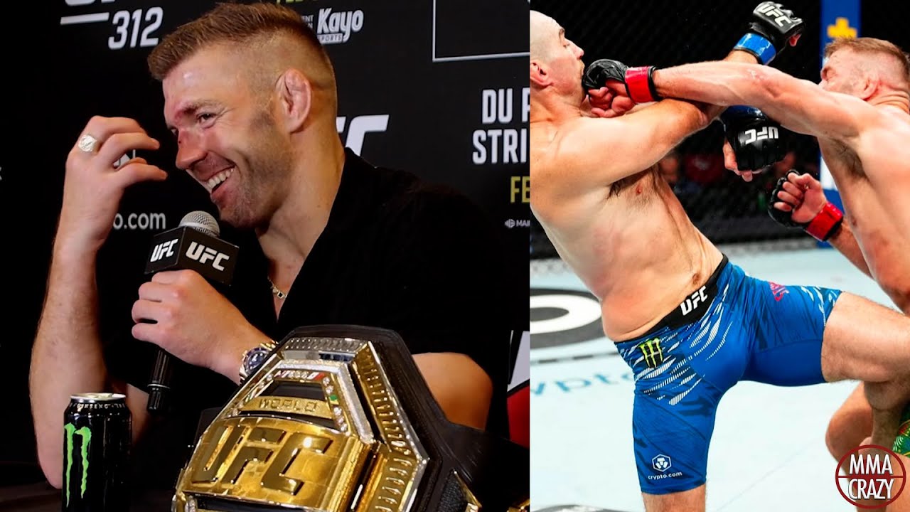 Dricus du Plessis reacts to BREAKING Sean Stricklands nose at UFC 312 background