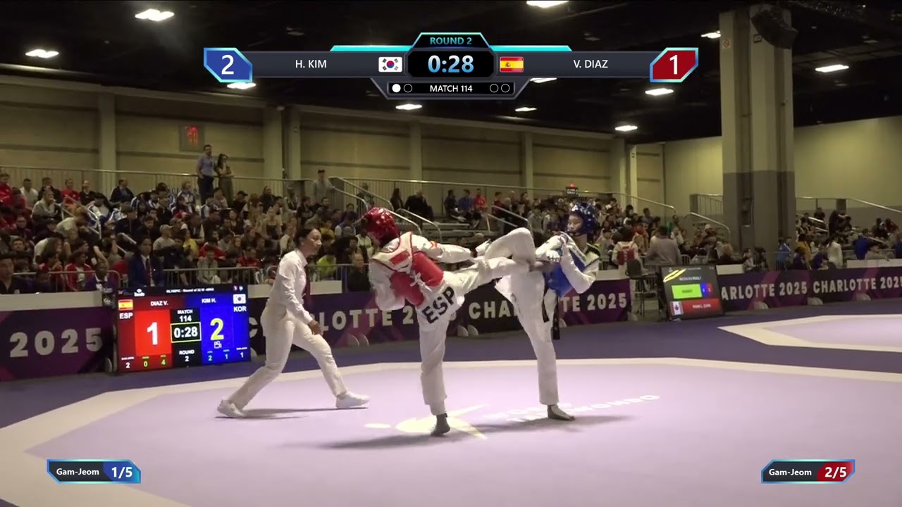 114 Round of 32 W 49kg KOR H KIM ESP V DIAZ PGM background