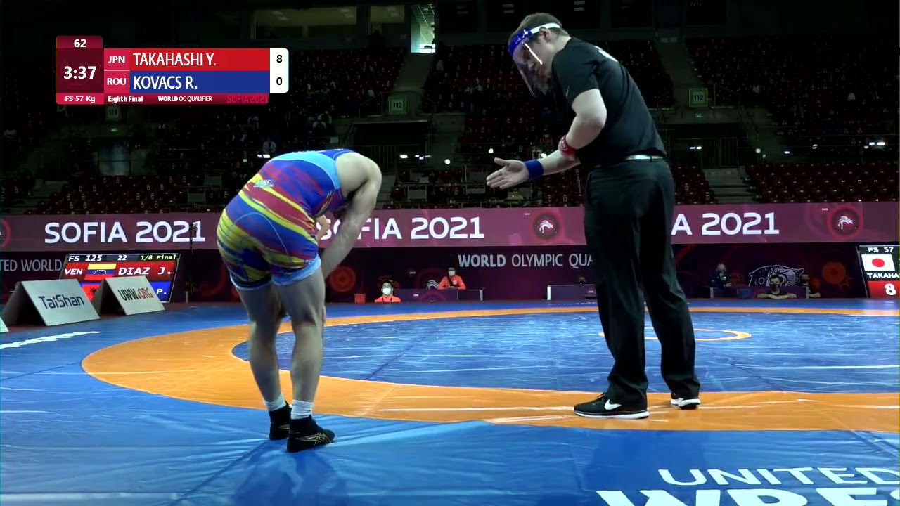1/8 FS - 57 kg: Y. TAKAHASHI (JPN) v. R. KOVACS (ROU) background