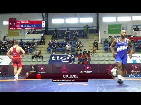 Round 3 GR - 97 kg: B. AMOS (USA) v. K. MEJIA CASTIL (HON) background