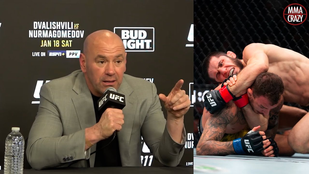 Dana White reacts to Islam Makhachev Submission win over Renato Moicano at UFC 311 background