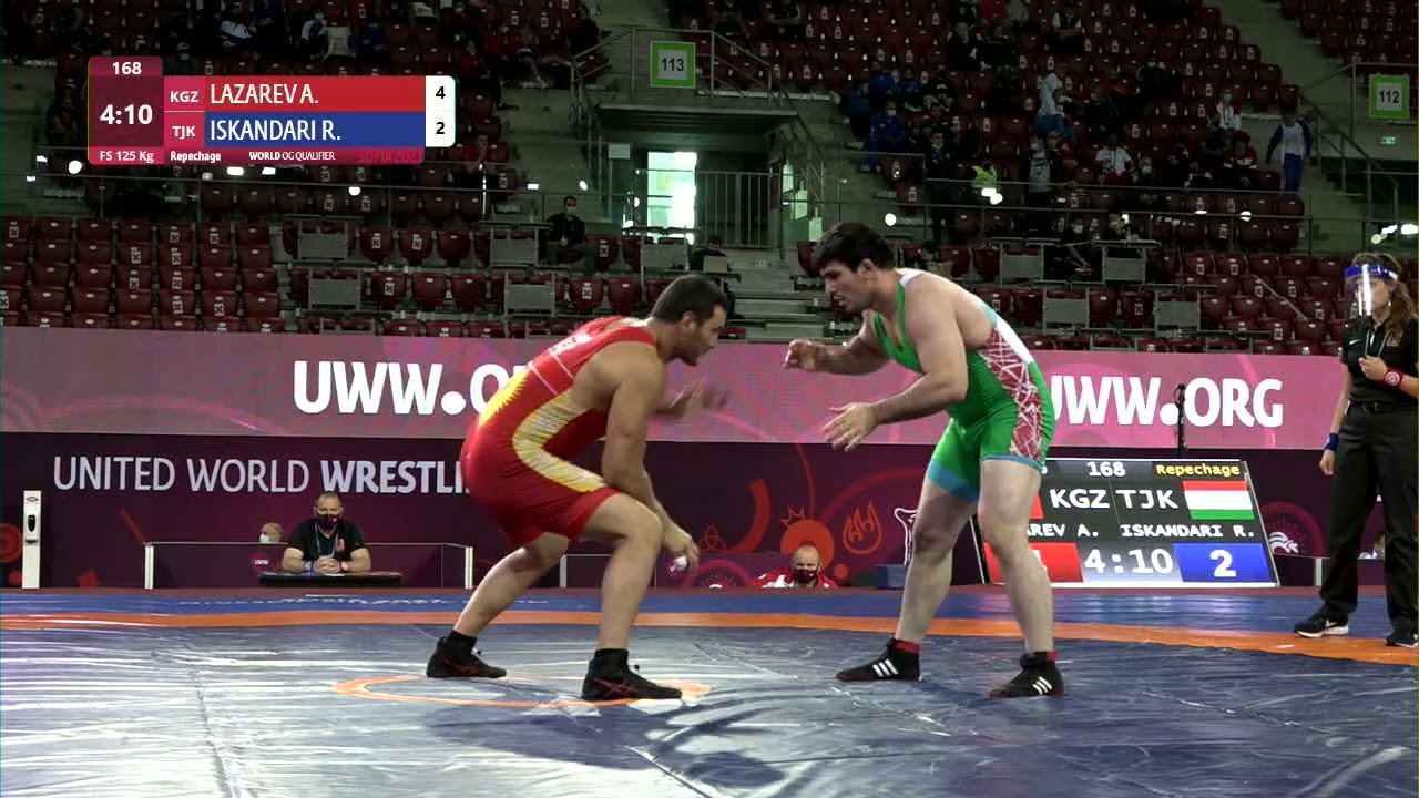 Repechage FS - 125 kg: A. LAZAREV (KGZ) v. R. ISKANDARI (TJK) background