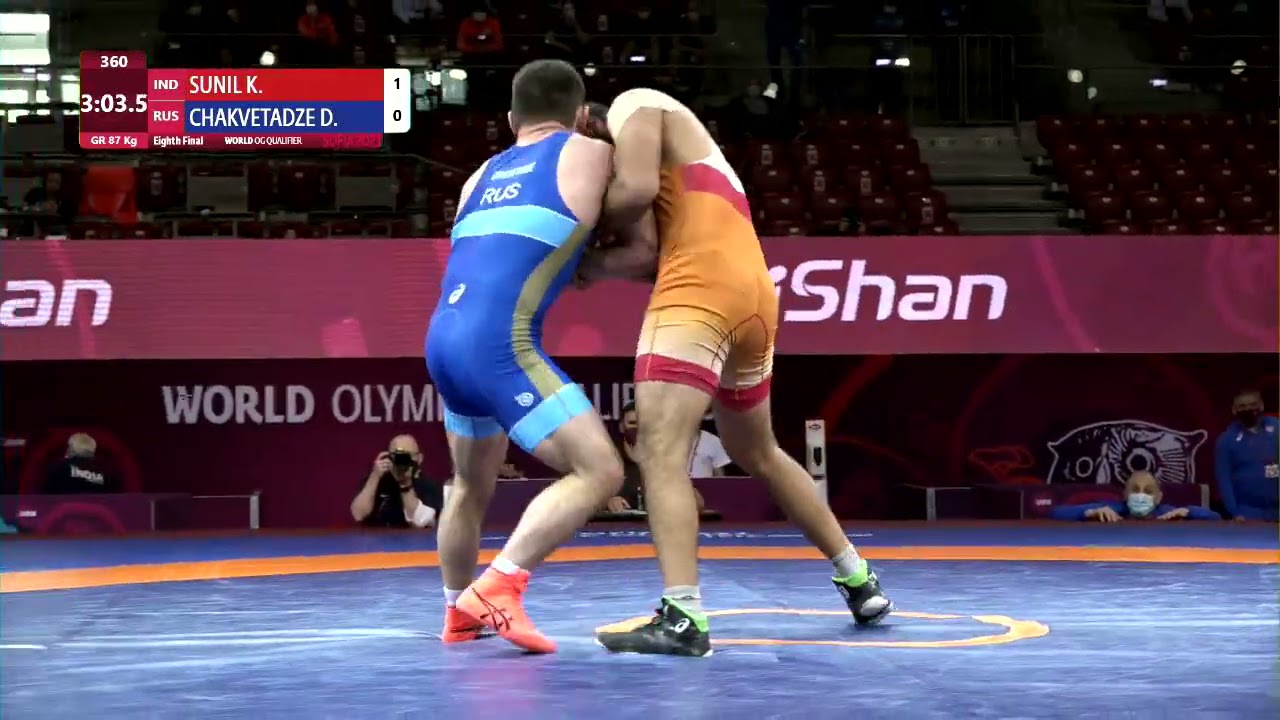 1/8 GR - 87 kg: K. SUNIL (IND) v. D. CHAKVETADZE (RUS) background