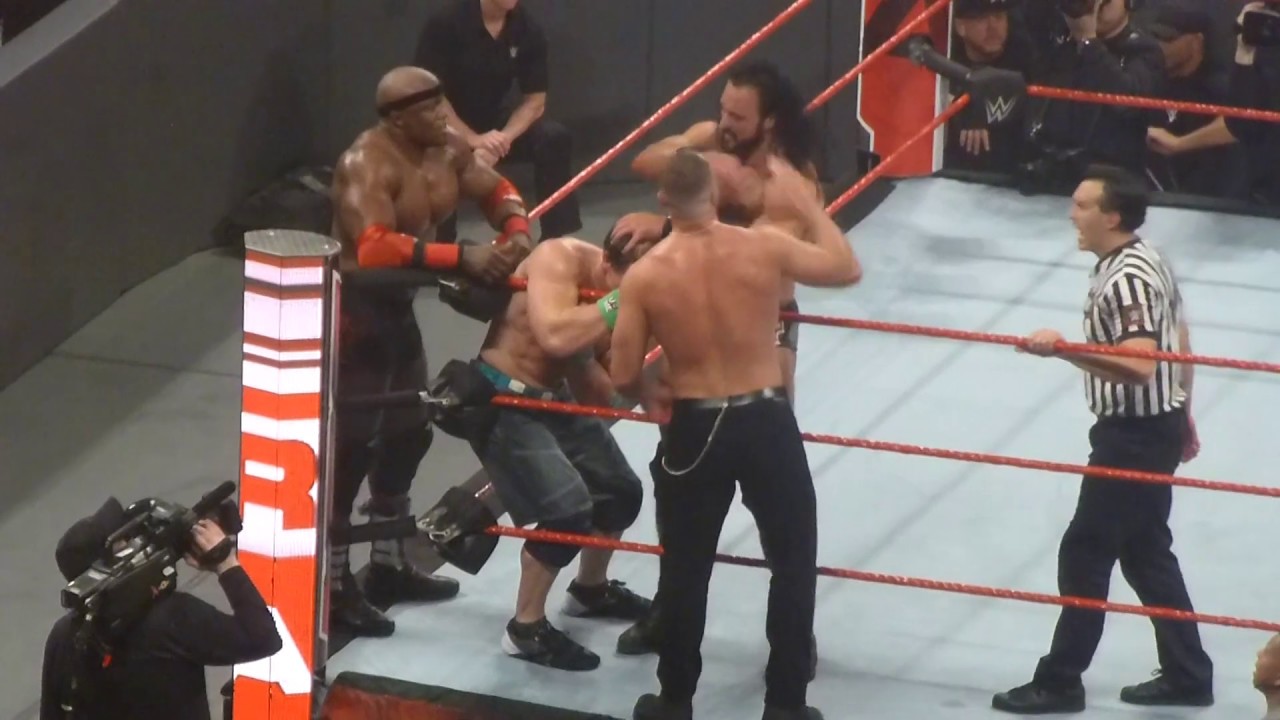 John Cena/Seth Rollins/Finn Balor vs Dean Ambrose/Drew McIntyre/Bobby Lashley at WWE RAW (2) background