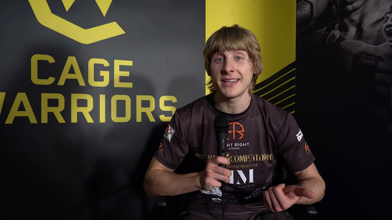 Edith Labelle talks to Paddy Pimblett after his win at CW 122 background