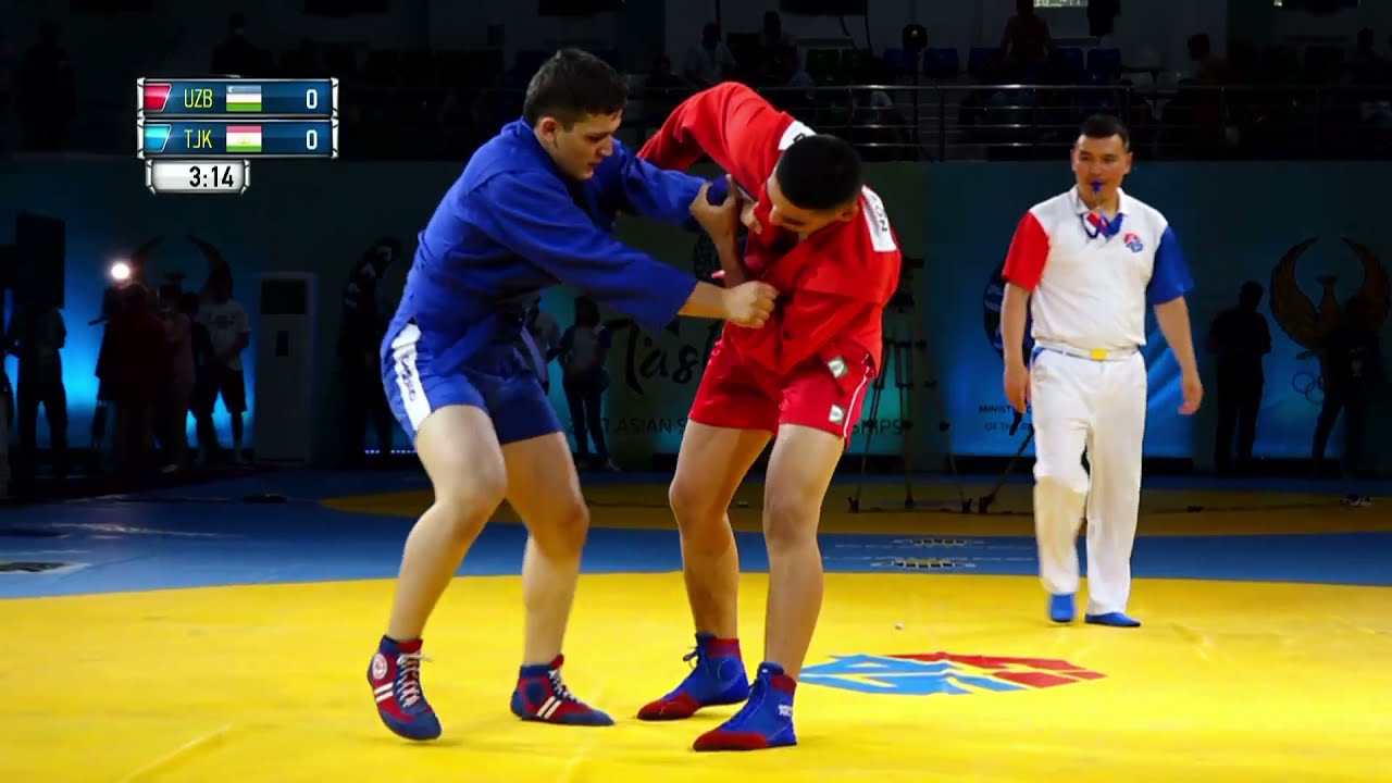NORMUMINOV (UZB) vs ABDUJALILOV (TJK). M Youth 88 kg. Asian SAMBO Championships 2021 backdrop