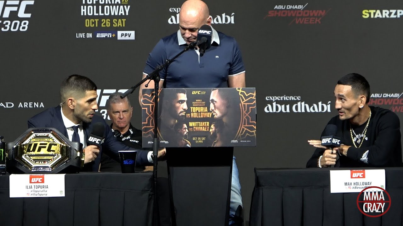 Ilia Topuria & Max Holloway get HEATED at UFC 308 Press Conference background