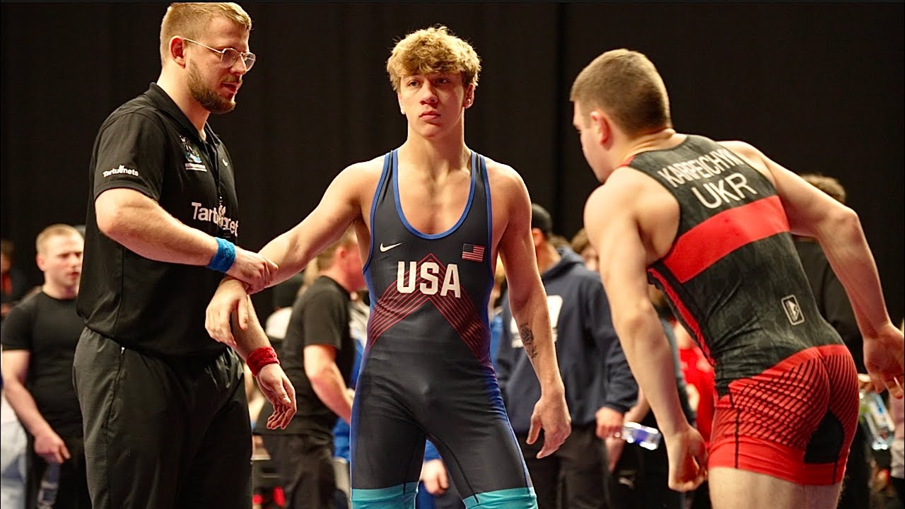 U20 Volodymyr Karpeychik (UKR) vs Otto Black (USA) 60kg final. Greco-roman men wrestling. B-cam-man backdrop