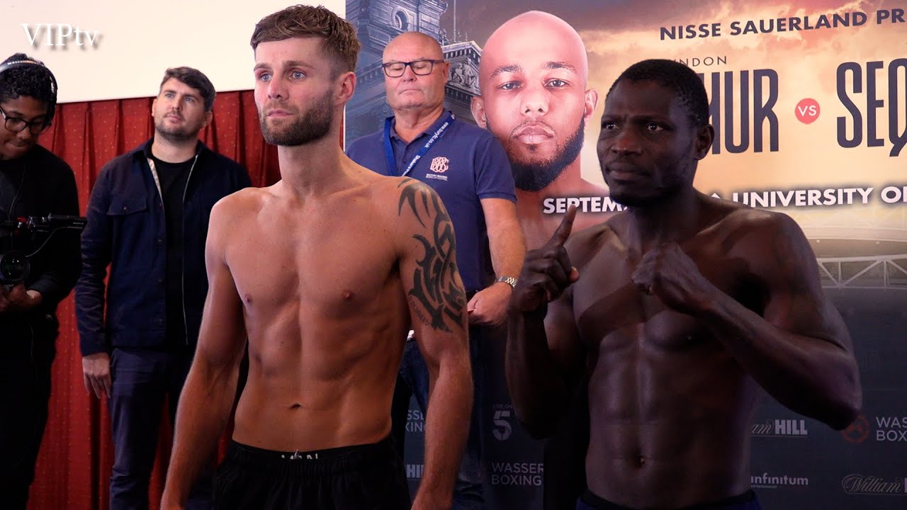 James Moorcroft v Olailde Fijabi weigh-in for Channel 5 show in Bolton 17.05.22