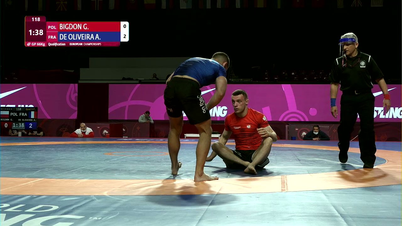 Qual. Men's GP No-Gi - 66 kg: G. BIGDON (POL) v. A. DE OLIVEIRA (FRA) background