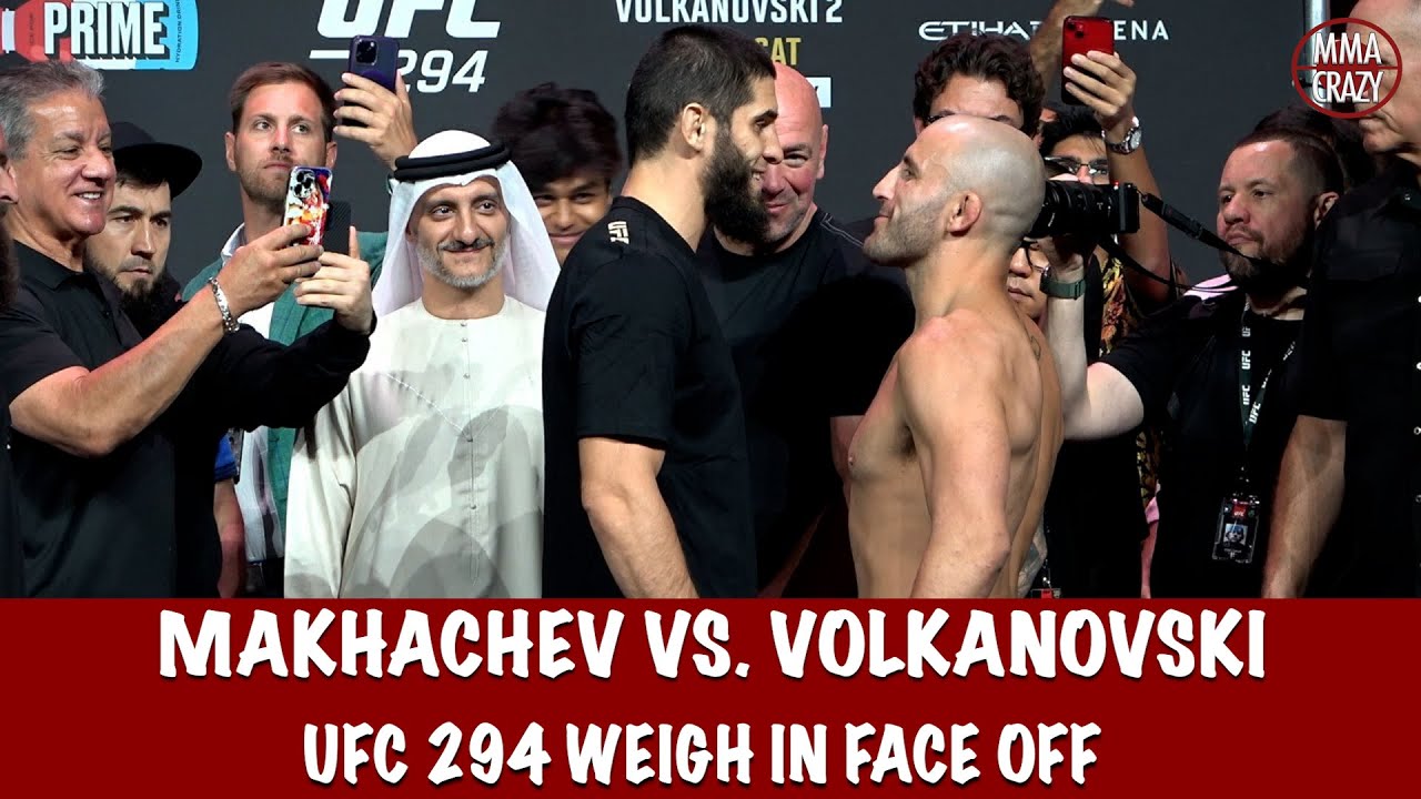 UFC 294: Islam Makhachev vs. Alexander Volkanovski 2 Weigh in Face Off backdrop