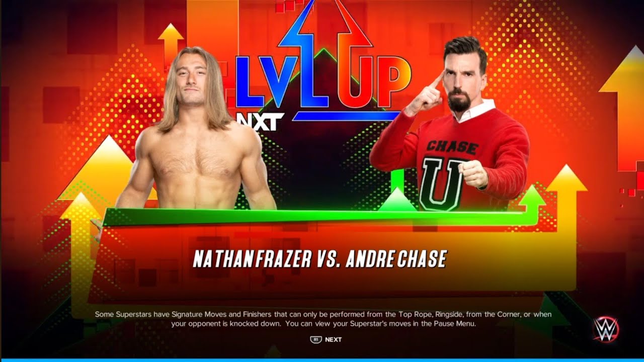 Nathan Frazer vs Andre Chase. NXT Lvl Up. WWE 2K23 background