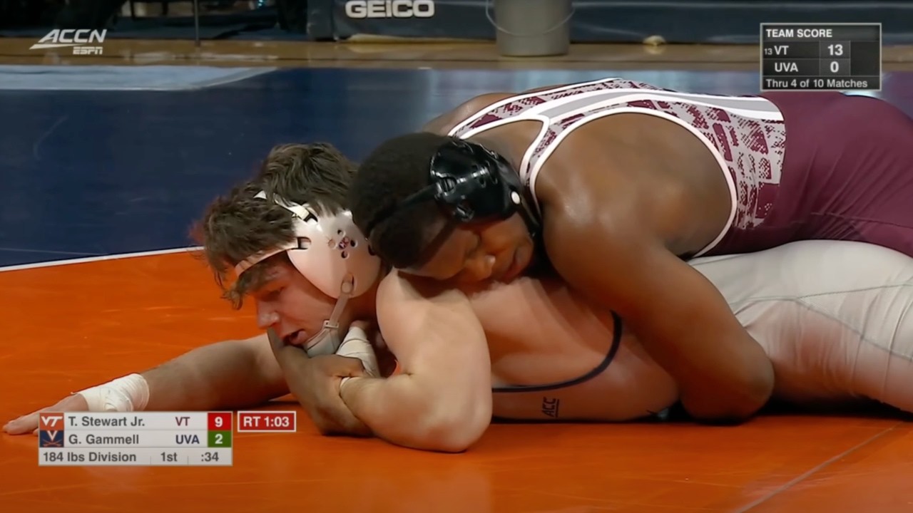 184lbs TJ Stewart VT TECH FALL Griffin Gammell UVA background