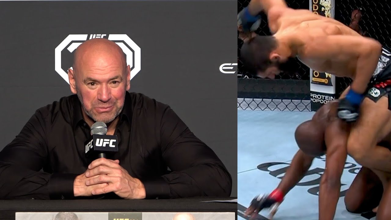Dana White reacts to Khamzat Chimaev win over Kamaru Usman at UFC 294 background