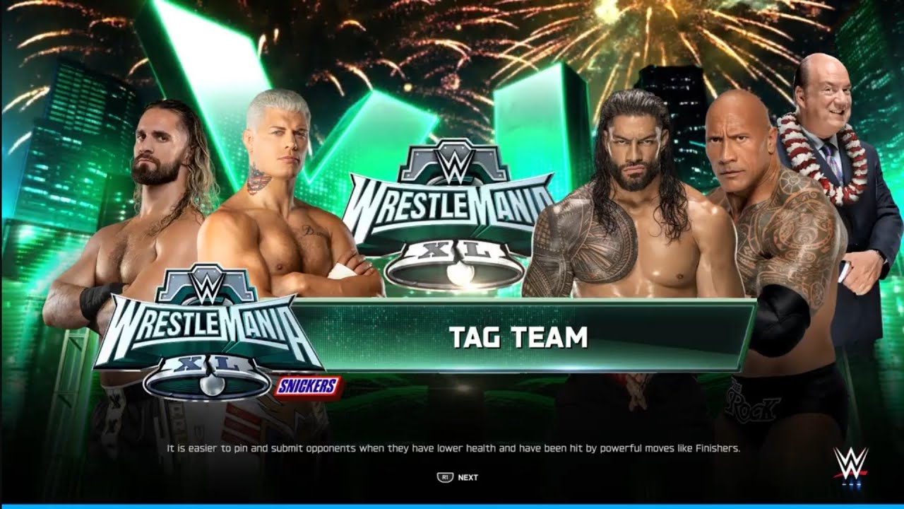Seth Rollins & Cody Rhodes vs Roman Reigns & The Rock WrestleMania 40. WWE 2K25
