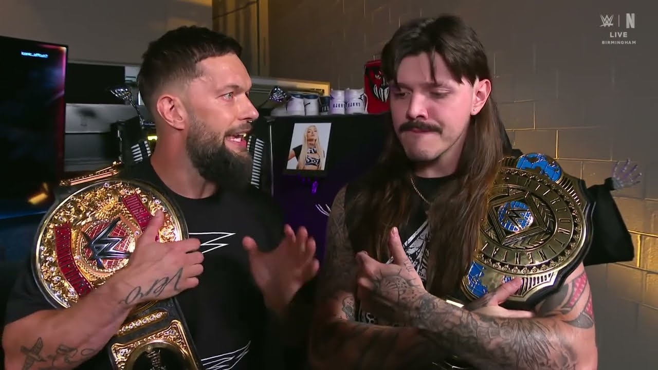 Finn Bálor asks Dominik Mysterio to accompany Raquel and Roxanne to the ring | Raw Jul 14, 2025 background