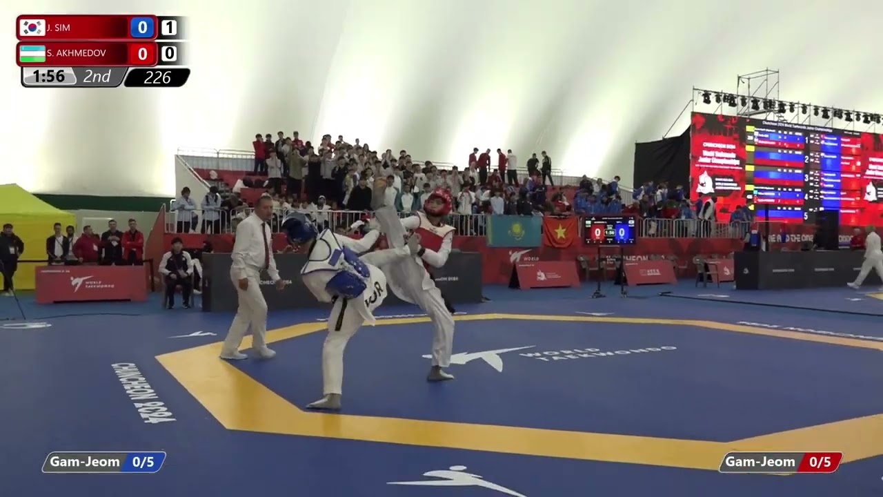 226 Quarter Final Men 59kg KOR SIM Junho UZB AKHMEDOV Shokhijakhon background