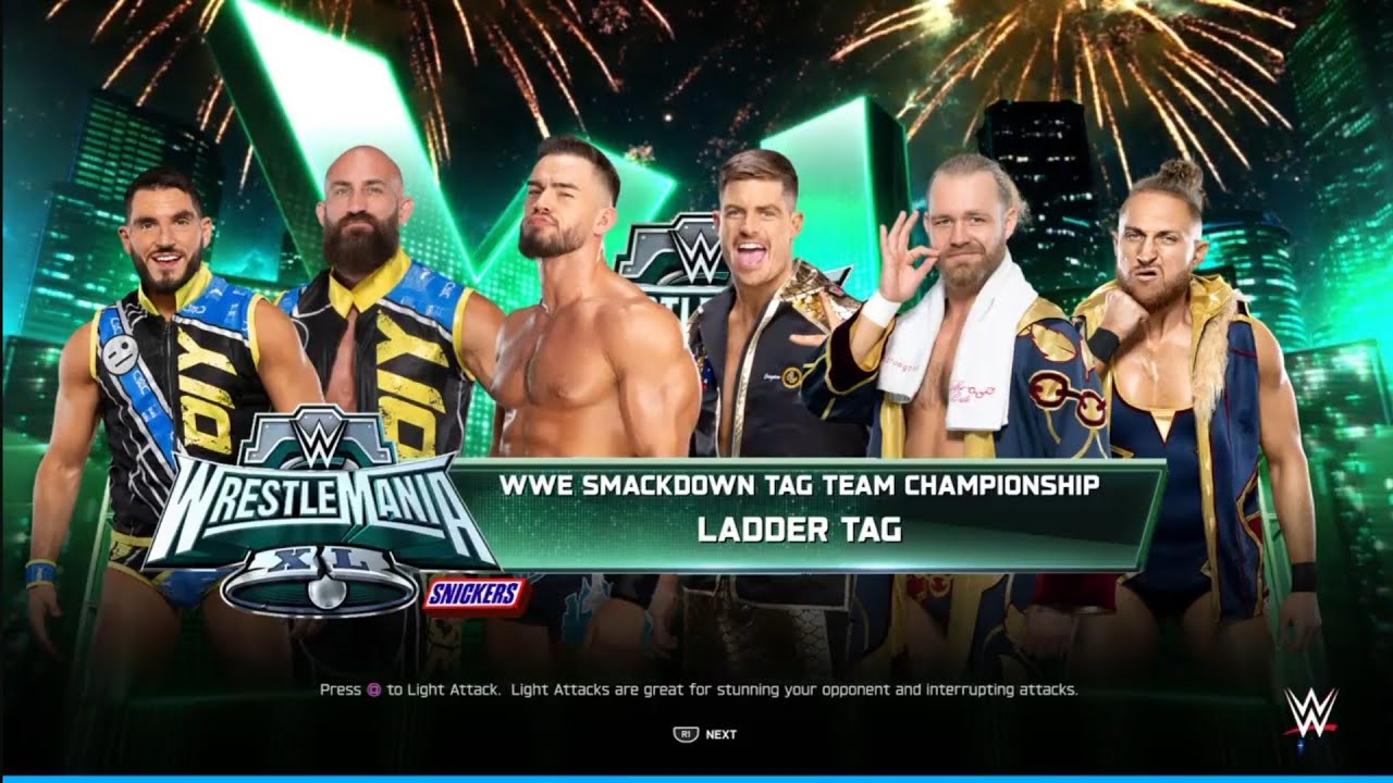 Smackdown Tag Team Title Triple Threat Ladder Match WrestleMania 40. WWE 2K25