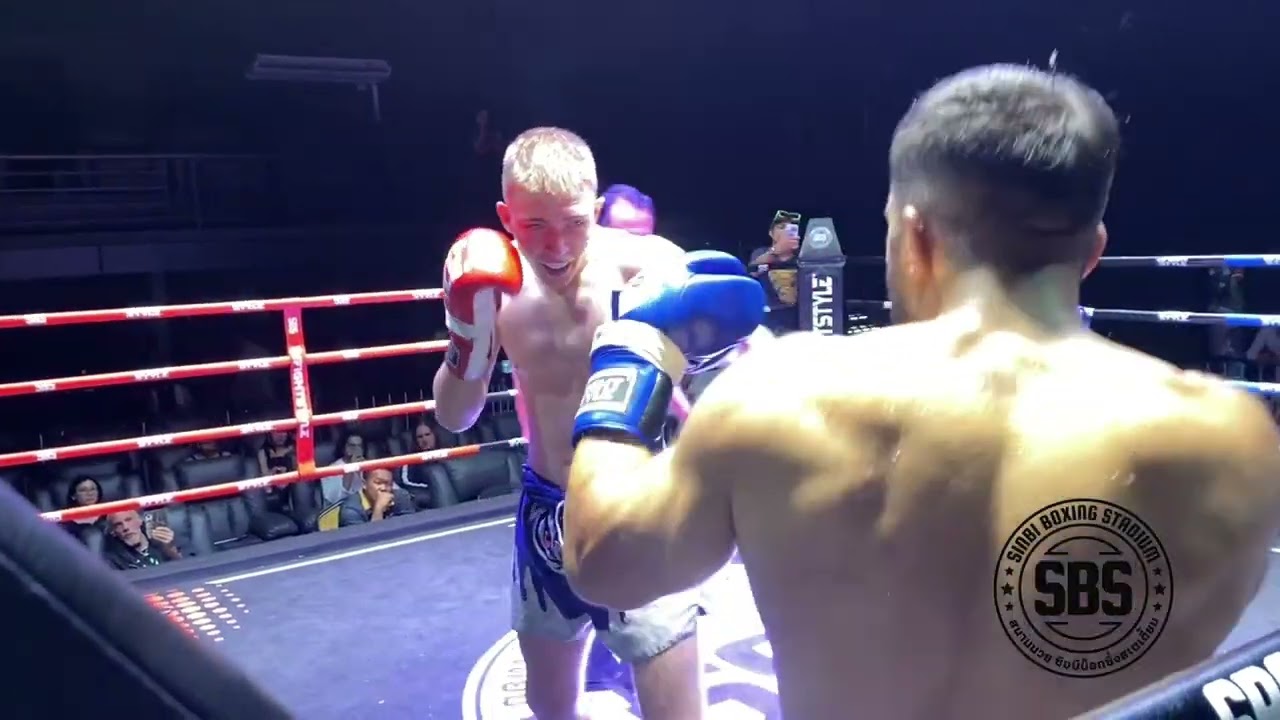 Jenya Sinbi Muay Thai from Ukraine (red) v Jawas Fight Nation Hua Hin (blue) from Iran backdrop