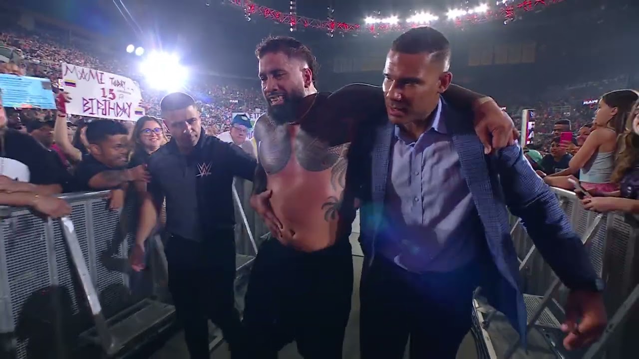 Jey Uso leaves the ring and is helped to the back | Raw Jul 7, 2025