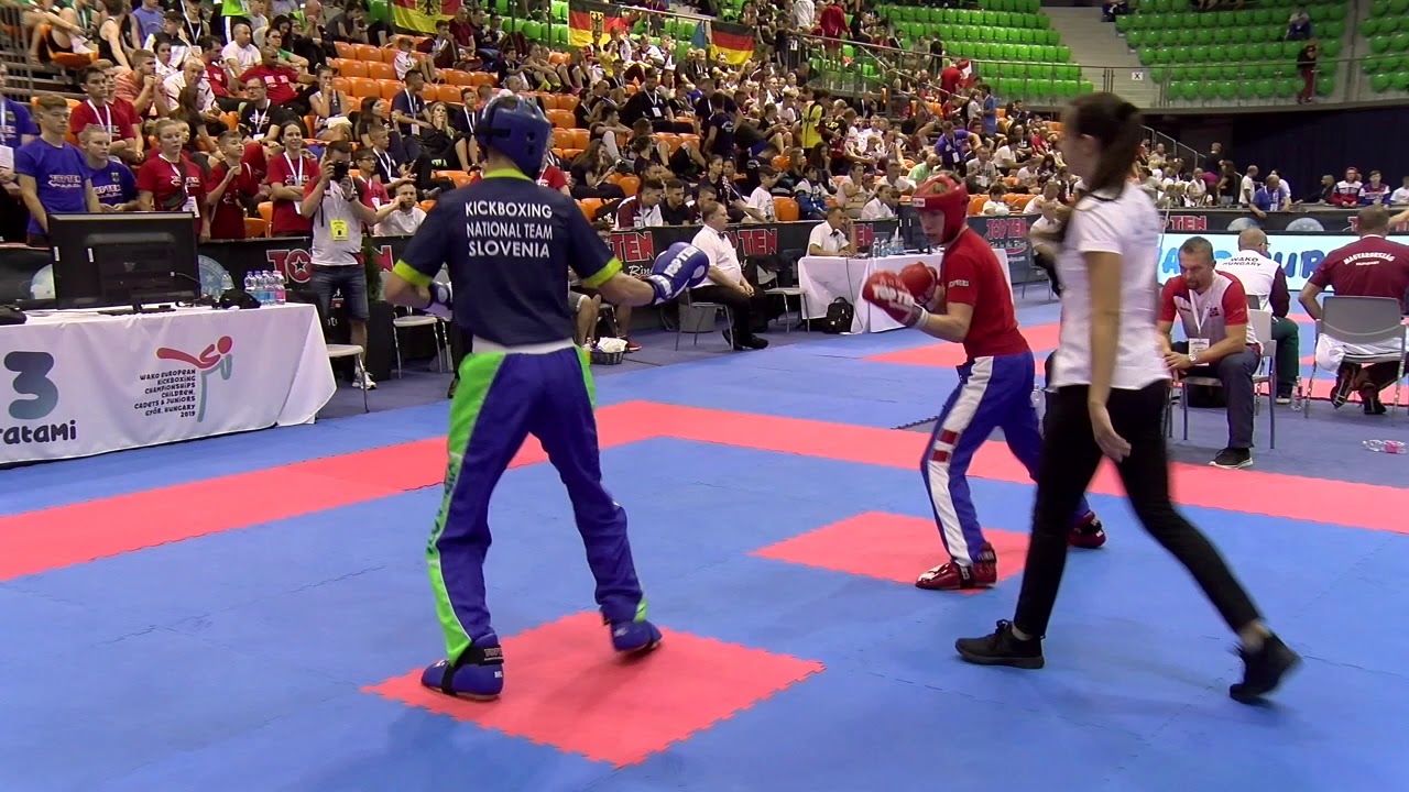 Sander Roberg v Timotej Zavec WAKO European Championships 2019 backdrop