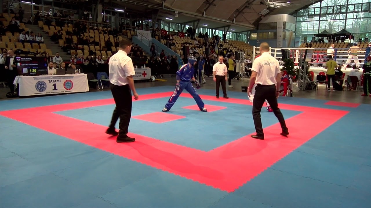 Rafael Aisov v Edoardo Sacchetti WAKO European Championships 2018 backdrop