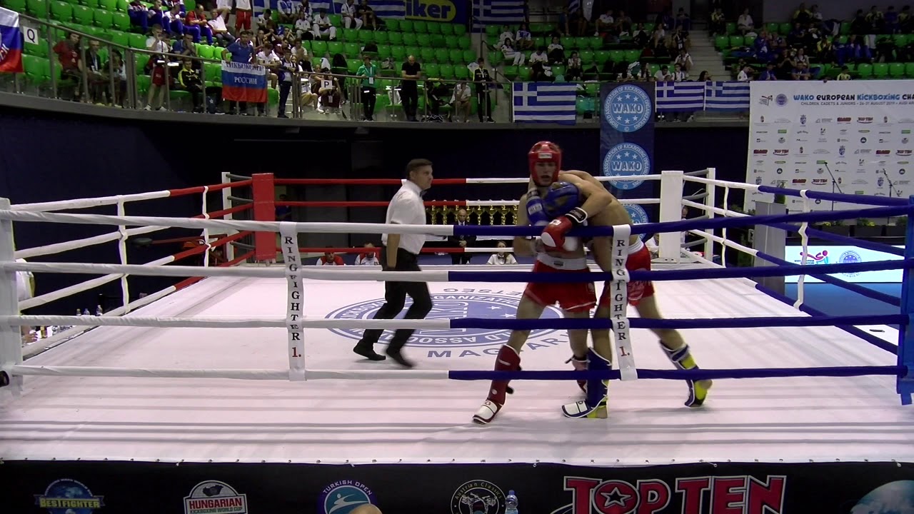 Milosz Baran v Daniil Zacesa WAKO European Championships 2019 backdrop