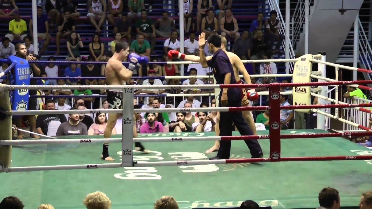 Samuli (Sinbi Muay Thai) from Finland TKO's the Russian Tiger Muay Thai Fighter in Round 4 backdrop