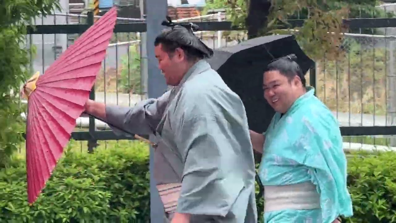 入り待ち 雨で番傘姿の 明生 佐田の海 嘉陽 東白龍 羽出山【大相撲令和7年5月場所】 7日目2025/05/17 夏場所 background