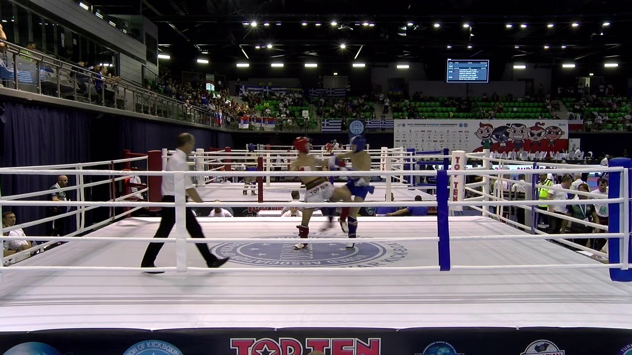 Adam Mester v Vitalii Aleksandrov WAKO European Championships 2019 backdrop