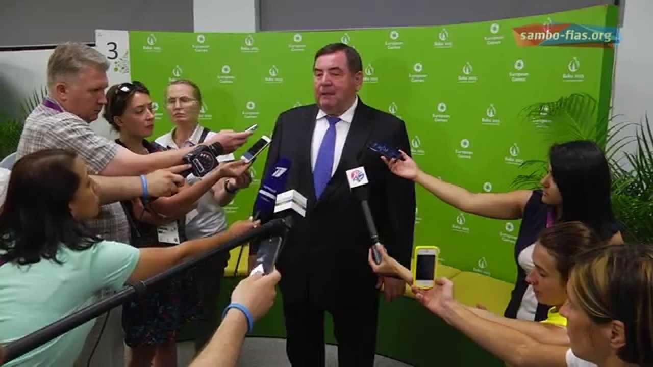 Президент ФИАС Василий Шестаков подводит итоги турнира по самбо на I Европейских играх в Баку 2015