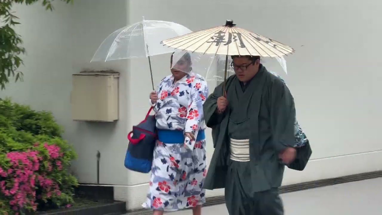 入り待ち 雨で番傘姿の朝紅龍 藤青雲 行徳 【大相撲令和7年5月場所】 7日目2025/05/17 夏場所 background