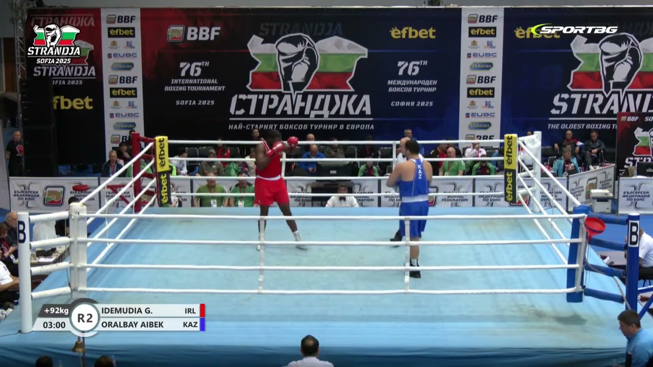 Aibek Oralbay (KAZ) vs. Gus Idemudia (IRL) Strandja Tournament 2025 QF’s (92+kg) background