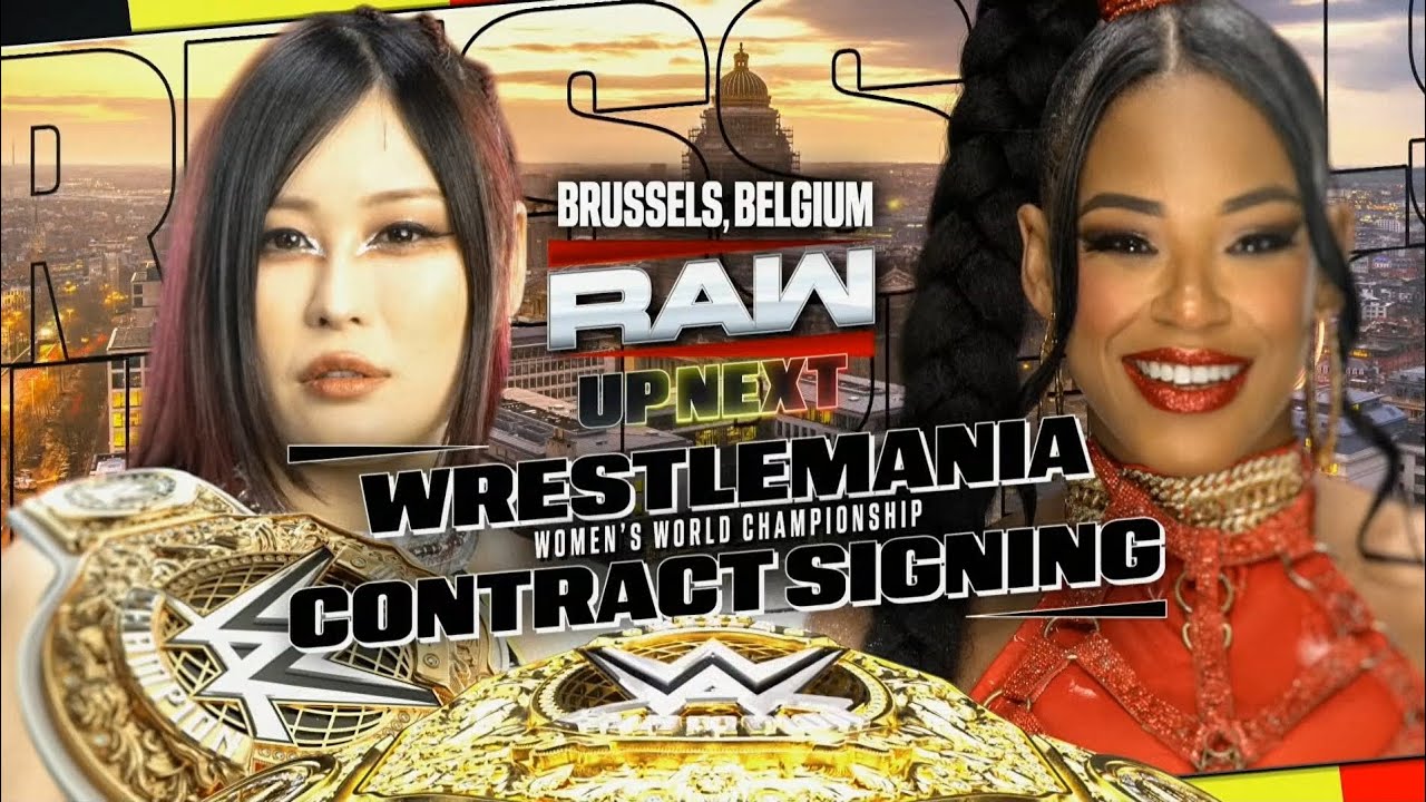 Rhea Ripley interrupts the contract signing between Iyo Sky & Bianca Belair: Raw, Mar. 17, 2025 background