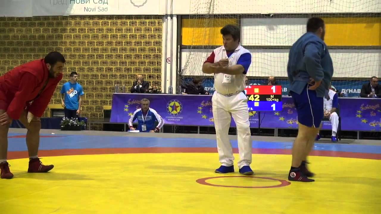 Самбо Первенство Европы 2015 ЗВЕРЕВ Сергей (Украина) vs МГОЕВ Джамал (Россия) - юниоры 100+ backdrop