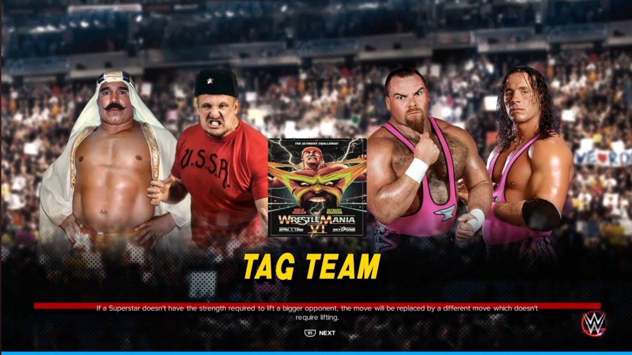 Iron Sheik & Volkoff vs The Hart Foundation. WrestleMania 6. WWE 2K23 background