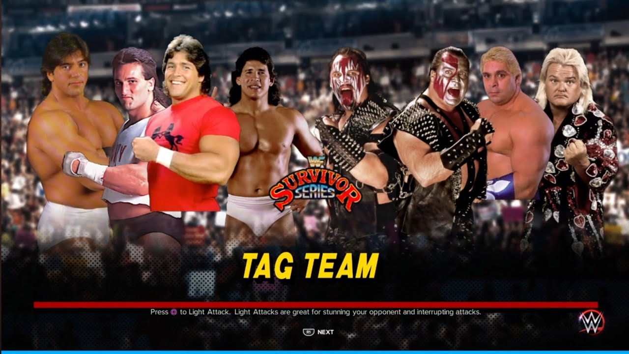 Strike Force & The Young Stallions vs Demolition & The Dream Team. Survivor Series 87. WWE 2K23 background