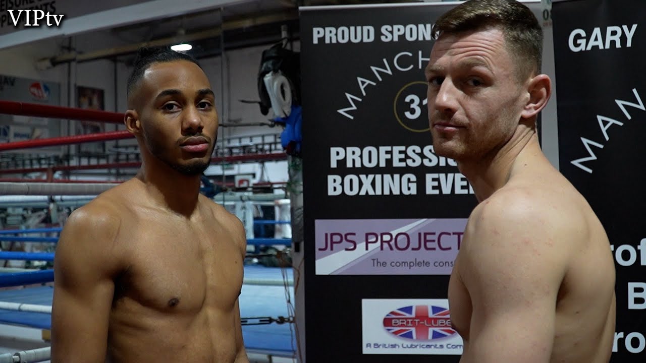 Lerone Harrison v Jake Osgood weigh-in for VIP/M31 show at the AJ Bell Stadium 12.12.21 background