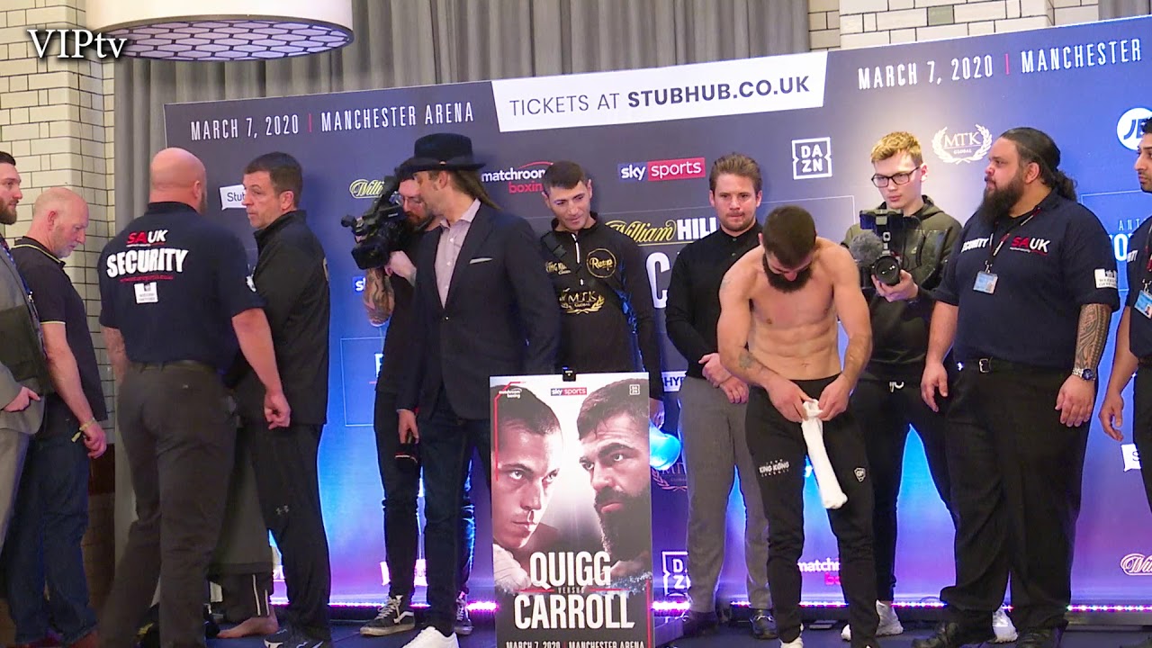 Scott Quigg v Jono Carroll weigh-in for Mar 7th at Manchester Arena background