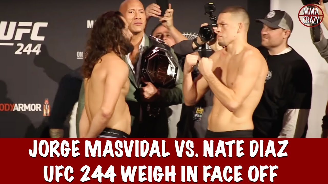 UFC 244: Jorge Masvidal vs. Nate Diaz weigh in face off with The Rock background