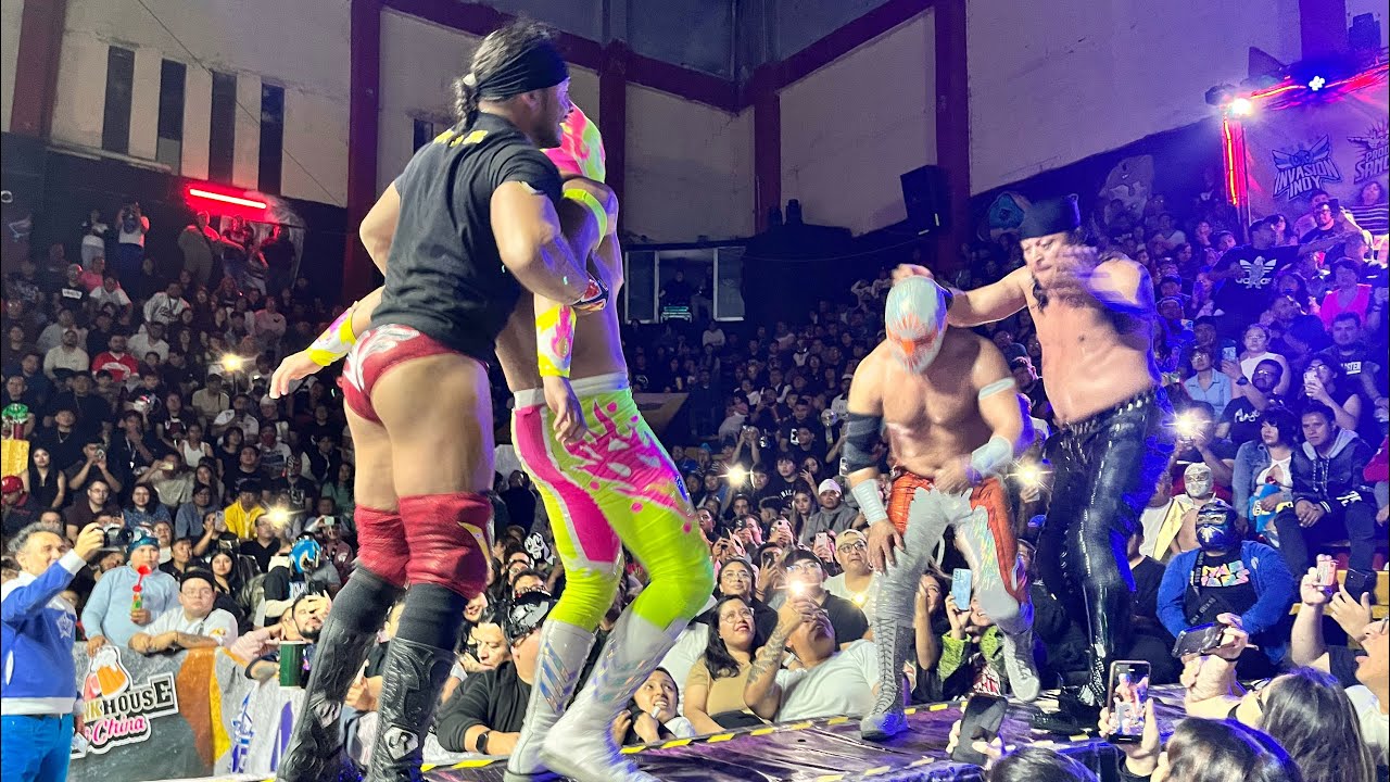 Místico, Máscara Dorada y Neón Vs Último Guerrero, Volador Jr y Euforia en la Arena Neza background