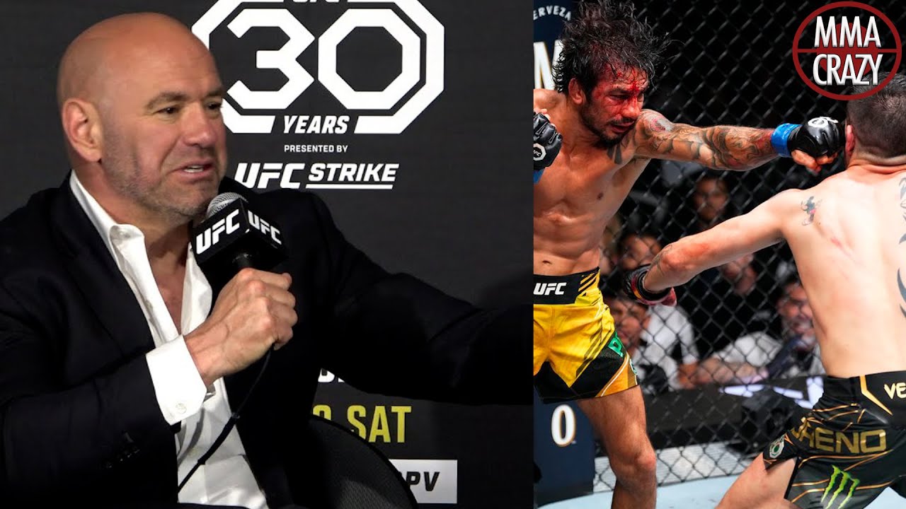 Dana White reacts to “absolute dog fight” between Brandon Moreno & Alexandre Pantoja at UFC 290 background