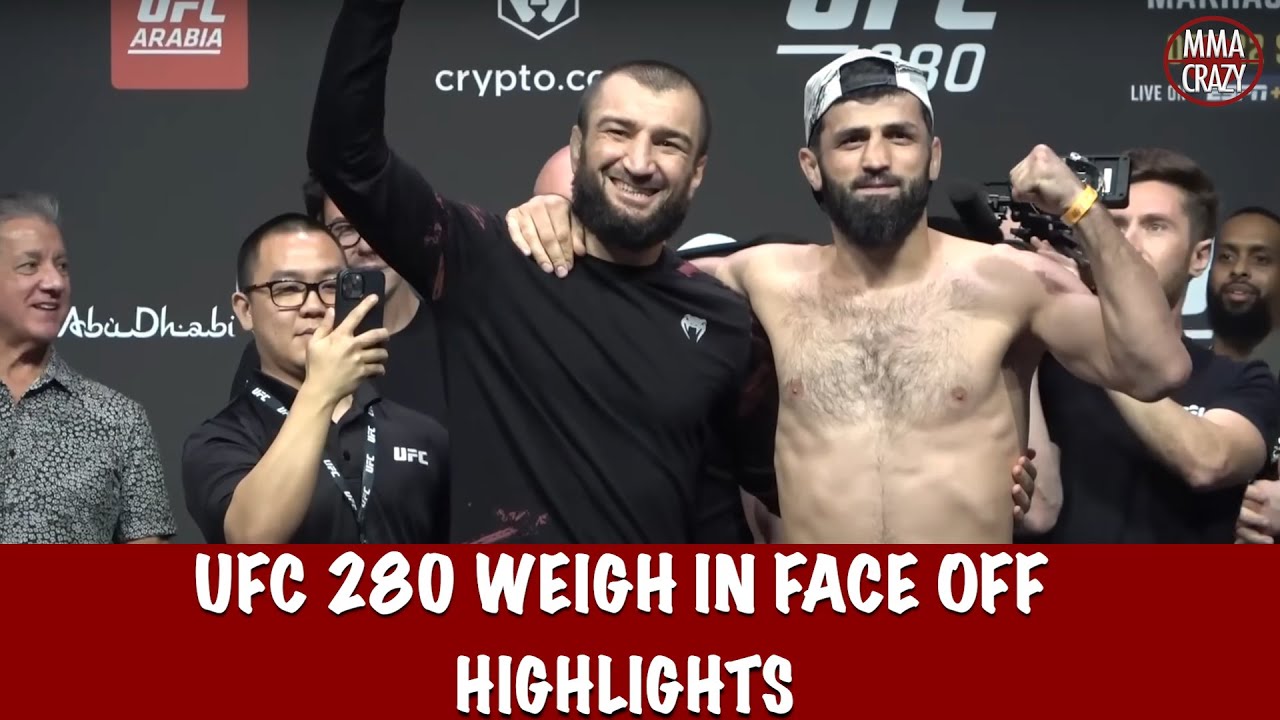 Full UFC 280: Oliveira vs. Makhachev Weigh in Face Off Highlights background