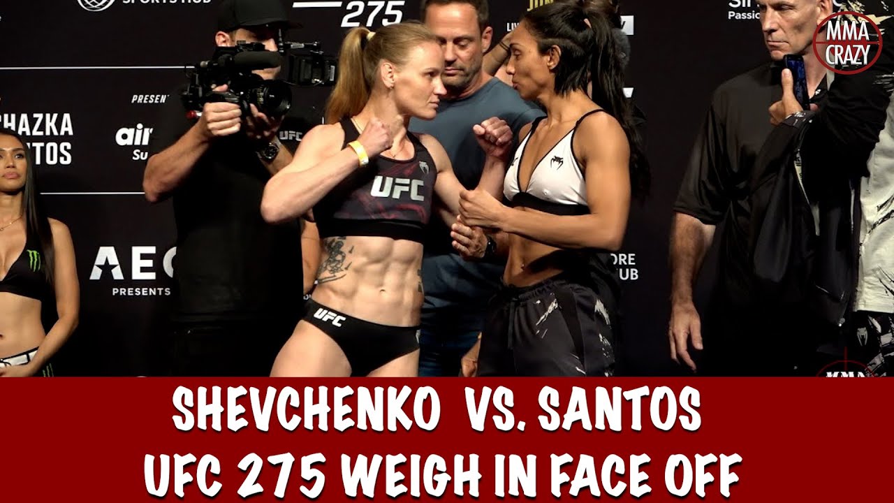 UFC 275: Valentina Shevchenko vs. Talia Santos weigh in Face Off background