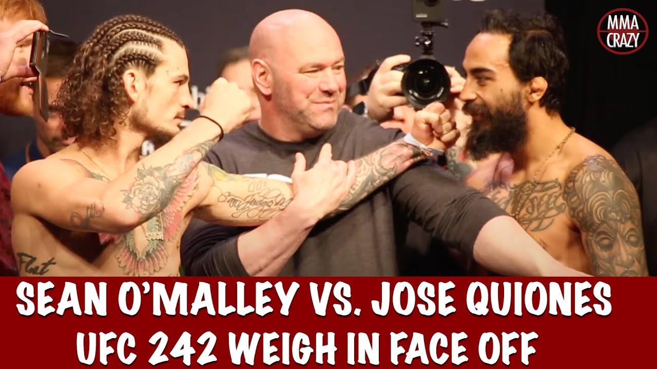 UFC 248: Sean O'Malley vs. Jose Quinonez weigh in face off background