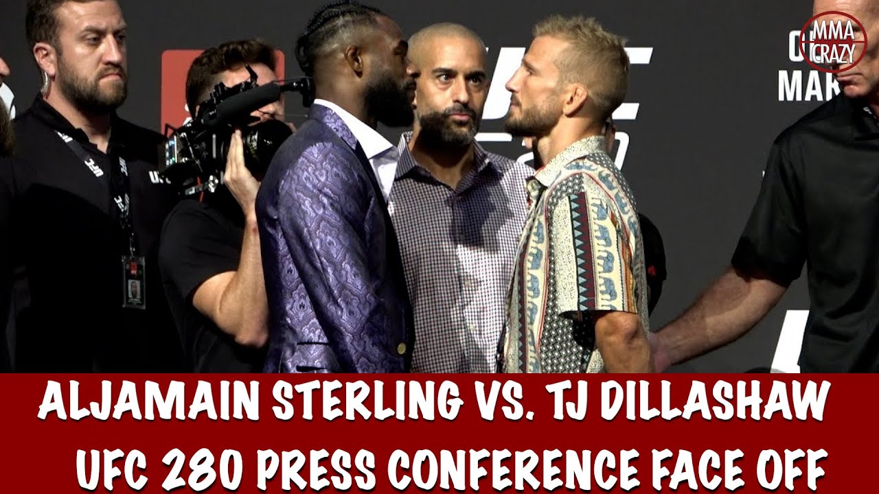 UFC 280: Aljamain Sterling vs. TJ Dillashaw Press Conference Face Off background