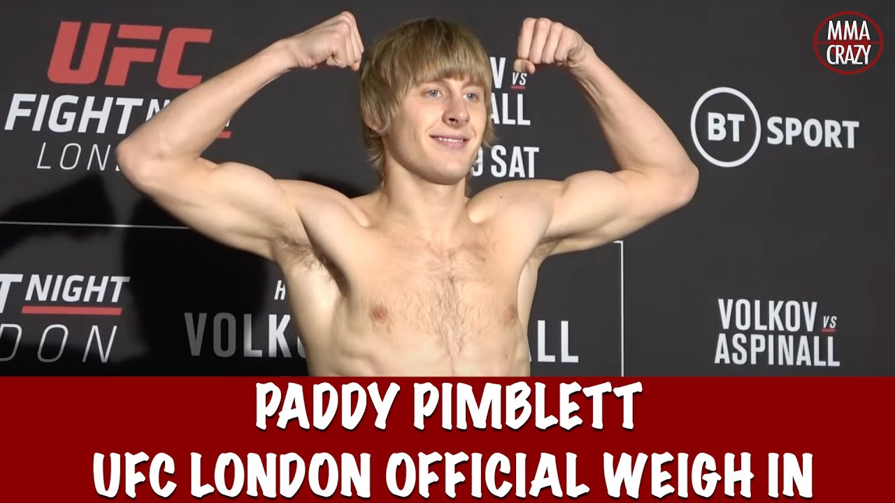 Paddy Pimblett weighs in for his UFC London bout against Kazula Vargas background