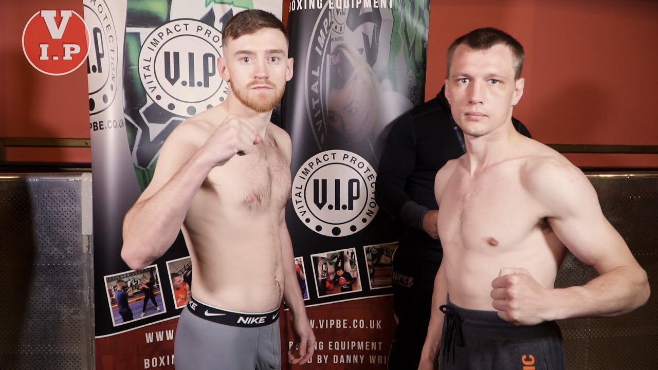Brian Phillips v Simas Volosinas weigh-in for VIP's show in Liverpool on Nov 5th at The Olympia background