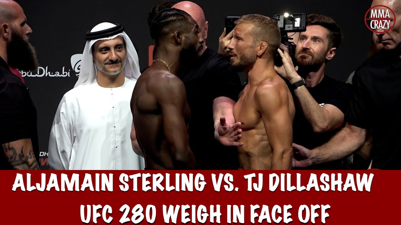 UFC 280 Aljamain Sterling vs TJ Dillashaw Weigh in face off background